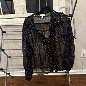Topshop Black Sheer Button-Front Blouse with Pink Dot Print. Worn once